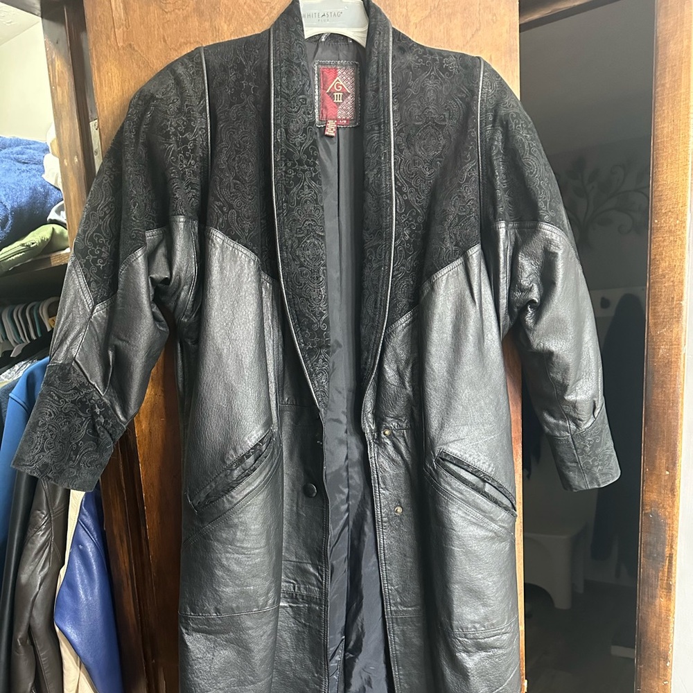 Vintage leather and paisley black trench coat